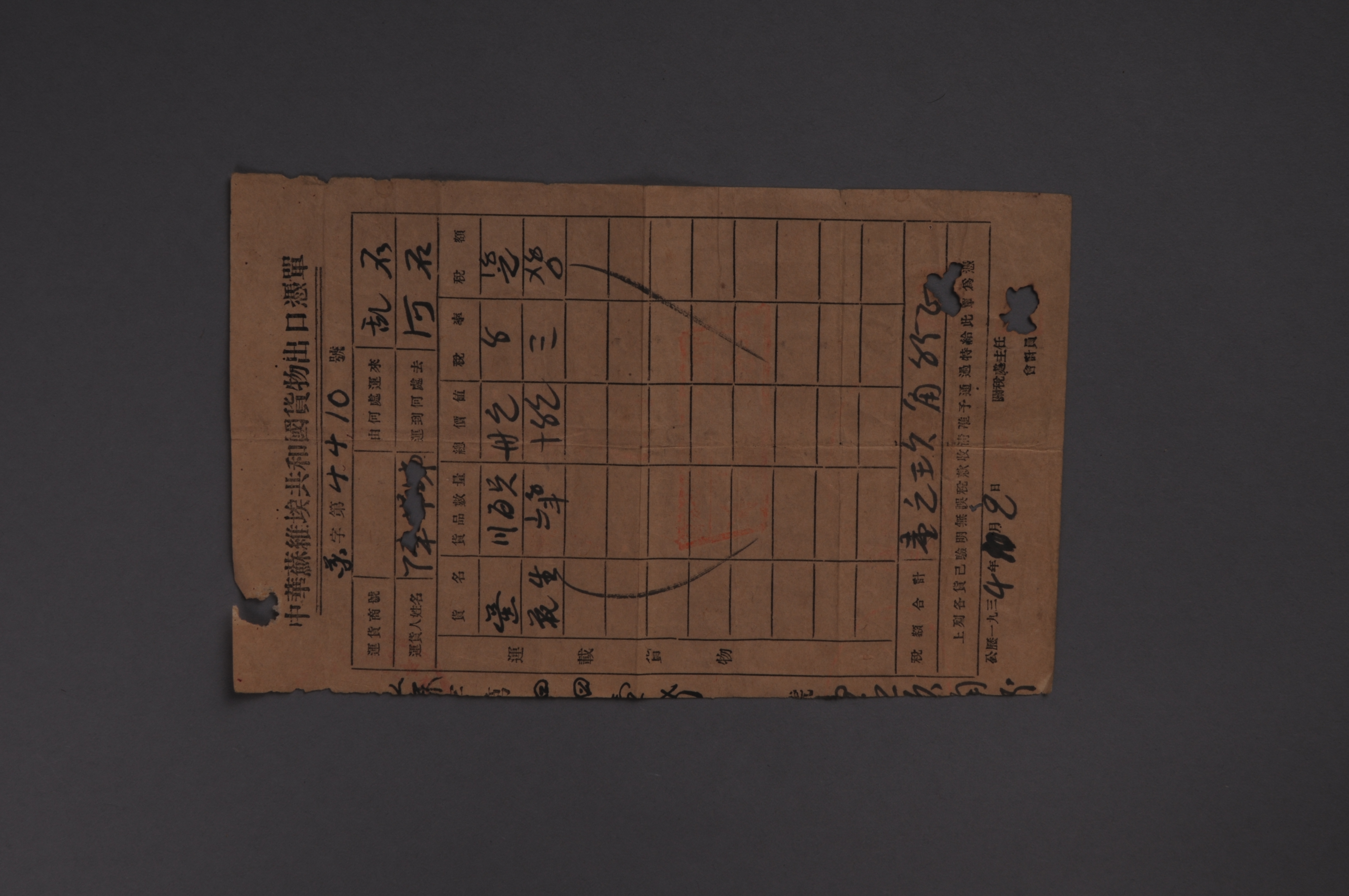 200320★1934年《中华苏维埃共和国货物出口凭单》