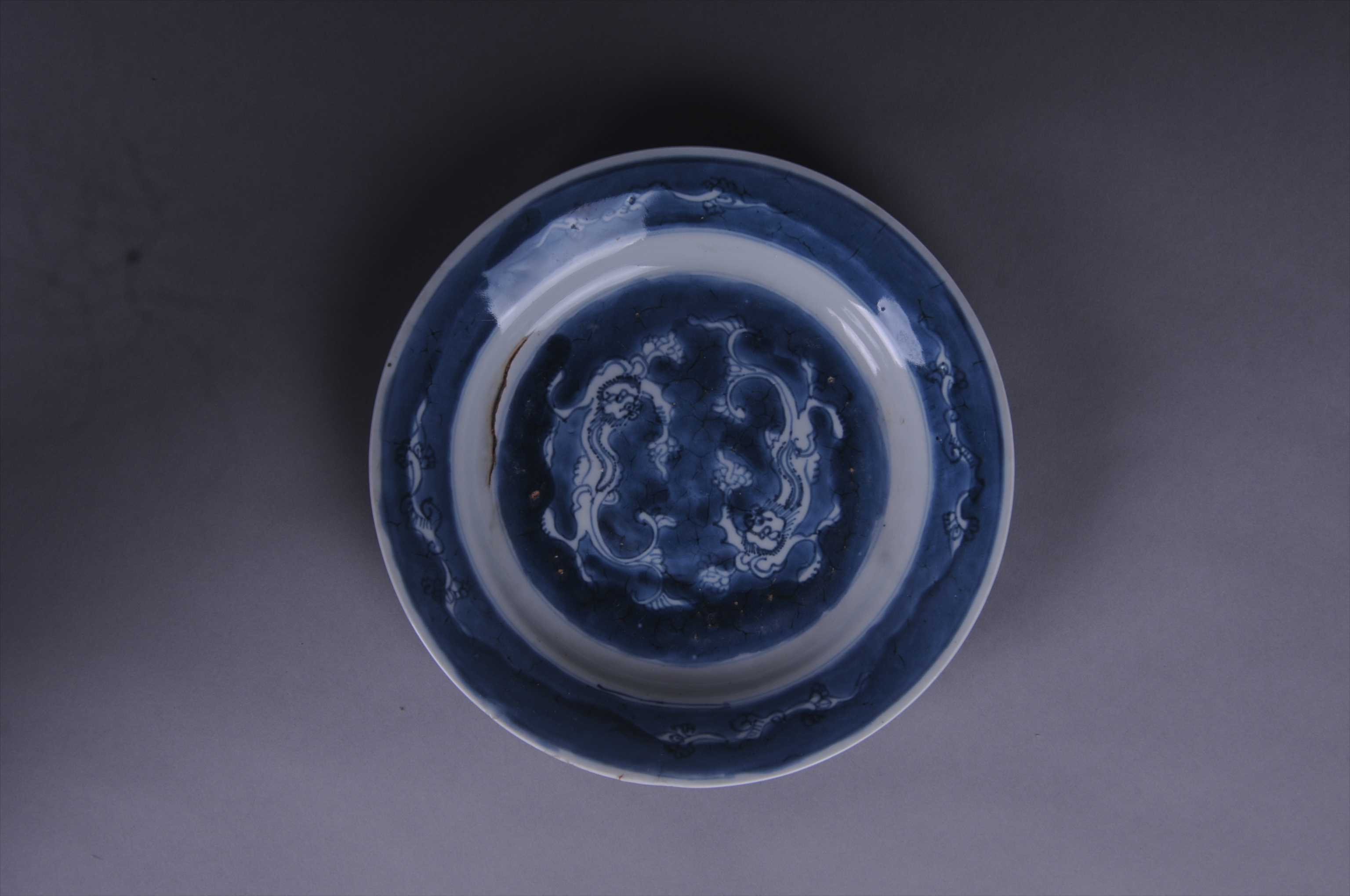 100659清青花双狮纹碟