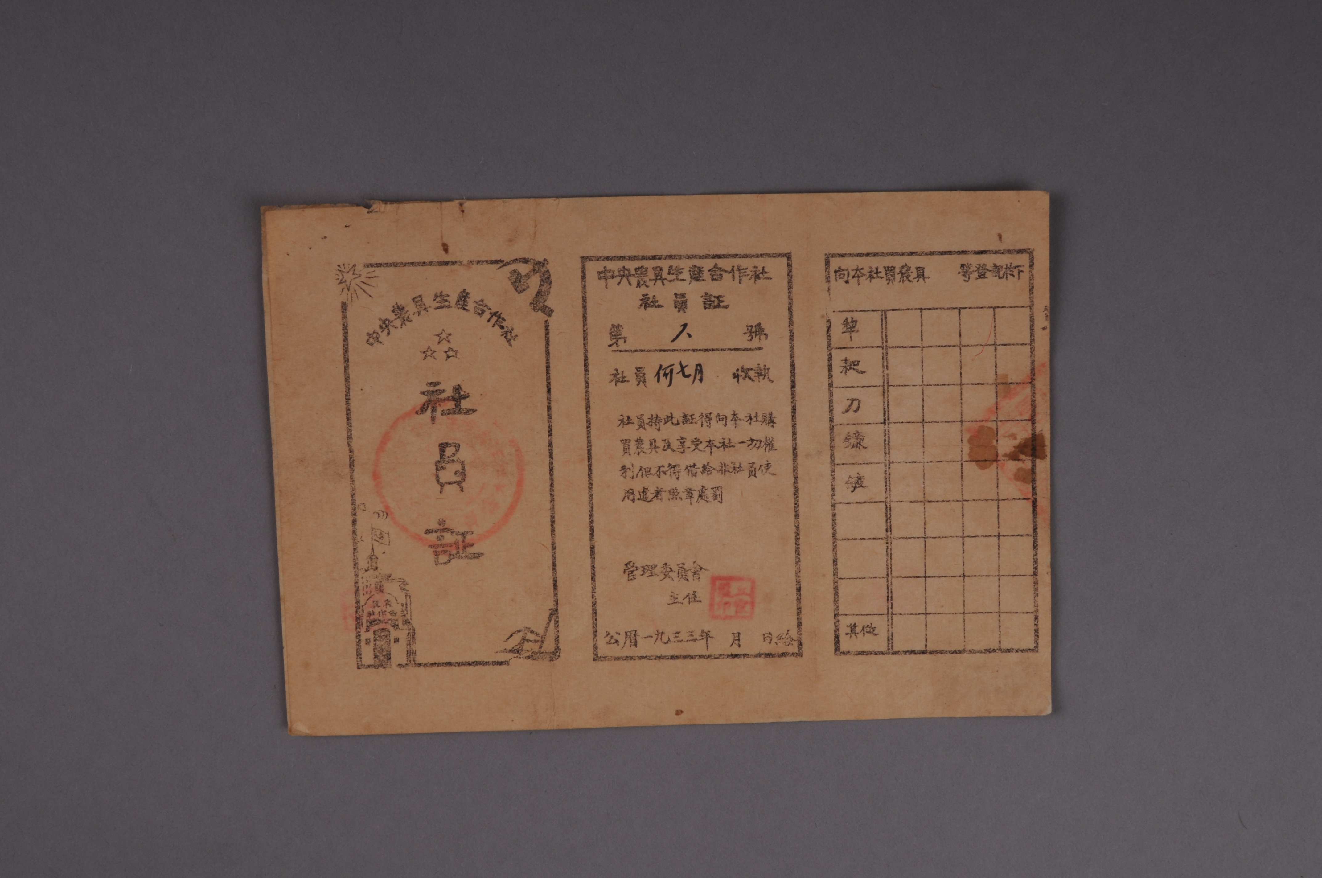200321★1933年中央农具生产合作社发给何七月的社员证